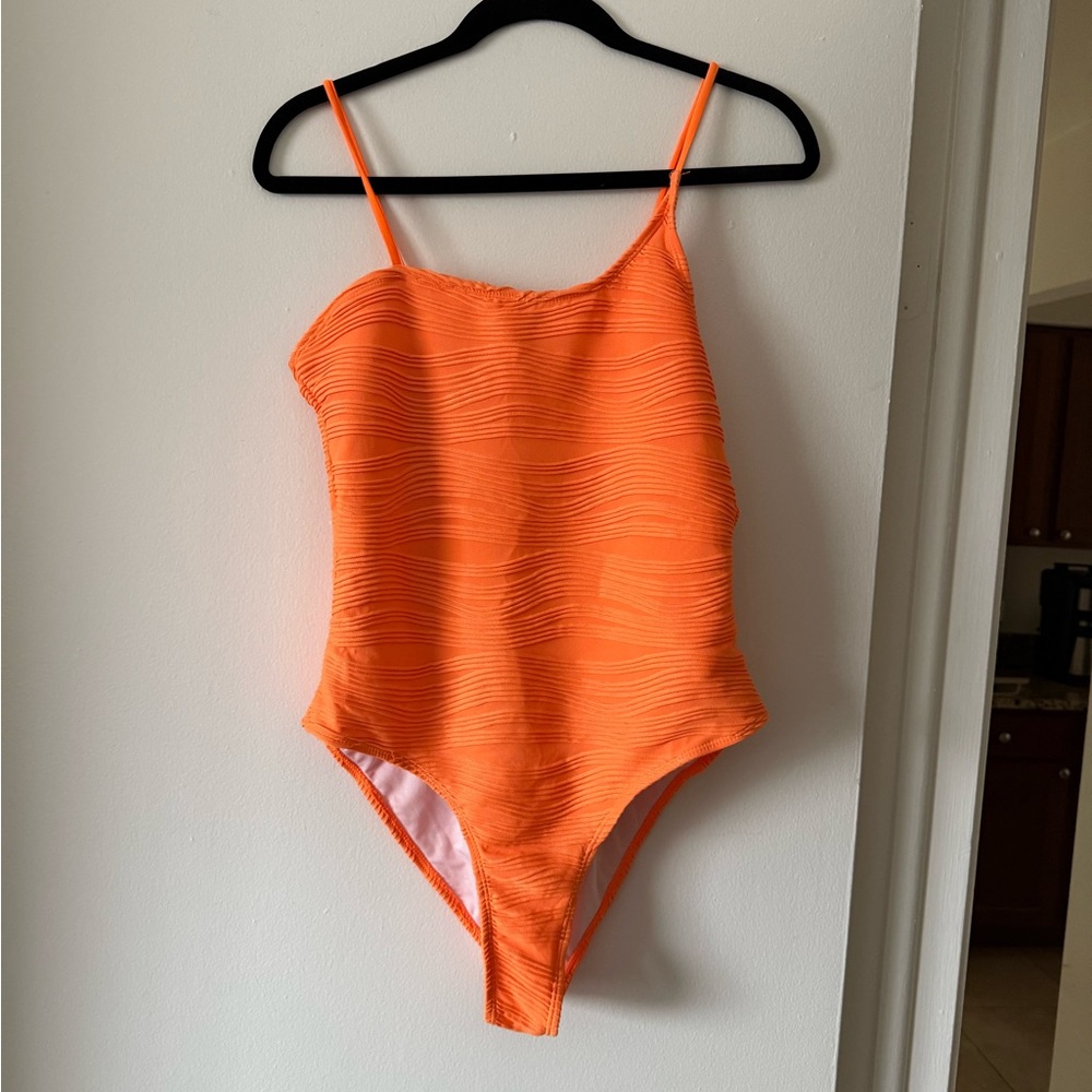 Orange One-Piece Asymmetrical Textured Swimsuit